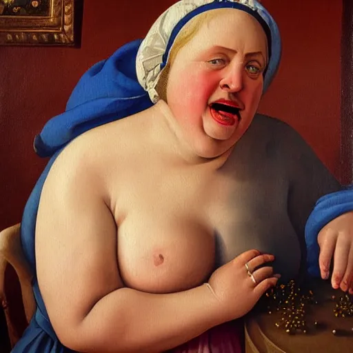 Image similar to of a very funny renaissance style oil painting of a sweet fat old woman kissing herself. symmetrical face, red mouth, blue eyes. a flowered dress. a hyper - realistic scene. 3 d, octane processing, deep focus, white scene. a very funny and sweet picture. unreal engine. watercolor. fellini cinematic style. poster quality. freud painting style.