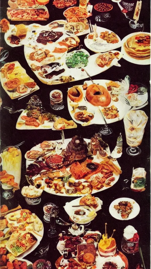 Prompt: occult food, 1 9 7 0 s food magazine photograph