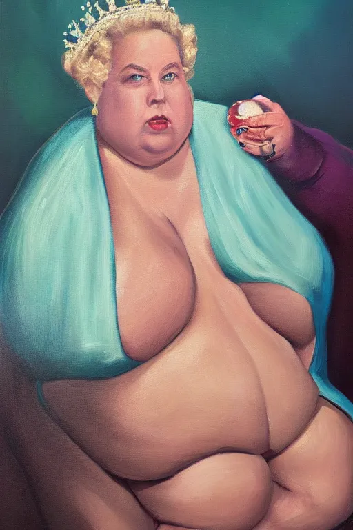 Prompt: an oil painting of the queen of Walmart, an obese woman, beautiful, fantasy, hyper realistic, dramatic lighting