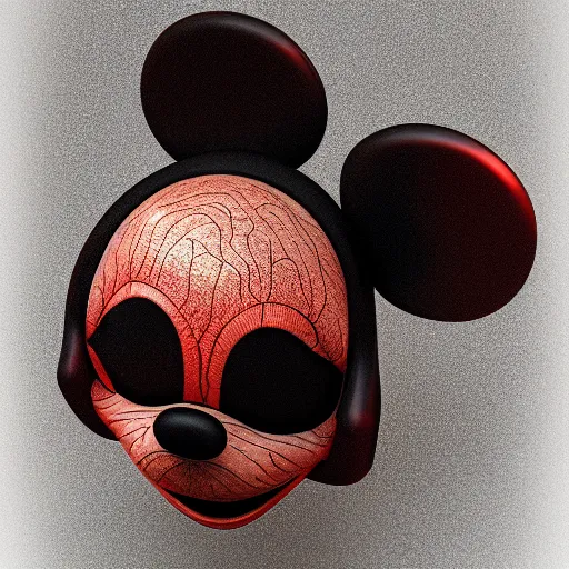 Image similar to counterfeit mickey mouse head, fractal, broken, LSD, wet, melting, fractured, mycelium, radiant alien, rococo, baroque, automotive, bio-mechanical, porcelain, iridescent, sub surface scattering, octane render