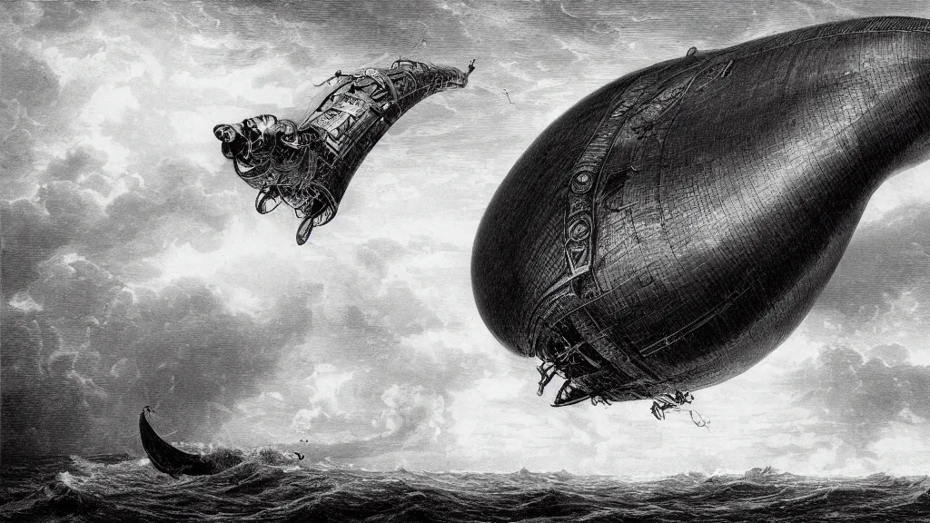 Image similar to drawing of one giant steampunk zeppelin flying above a stormy ocean, by gustave dore, nineteenth century, black and white, vintage, science fiction, epic composition, dramatic lighting, highly detailed, cinematic