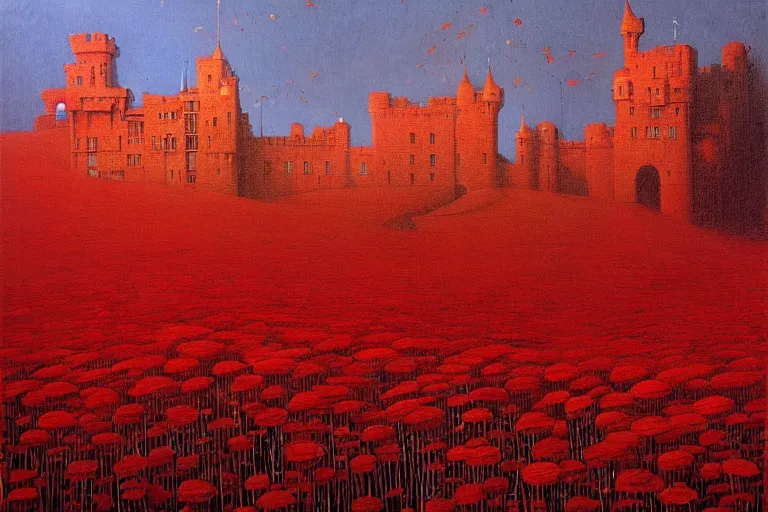 Image similar to only with red, red flowers of different types, a red tiger, a castle in the background, medieval demons dance over the flowers, an ancient path, in the style of beksinski, part by hopper, part by rodcenko, part by hofbauer, intricate composition, red by caravaggio, insanely quality, highly detailed, masterpiece, red light, artstation