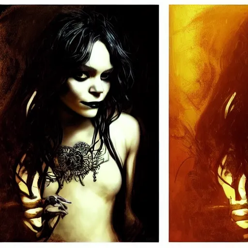 Image similar to beautiful portrait of vanessa hudgens as death from sandman, smiling, by cedric peyravernay, alphonse mucha, by jeremy mann, by lecouffe deharme, goth chic, soft lightning, eyeliner, punk rock, high detailed, 8 k