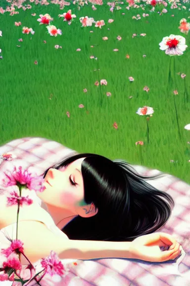 Image similar to little girl with her long black hair dressed in a simple white dress laying down on a flowery field, anime art style, digital art by ilya kuvshinov, inspired by balthus, hd, 4 k, hyper detailed, rear view