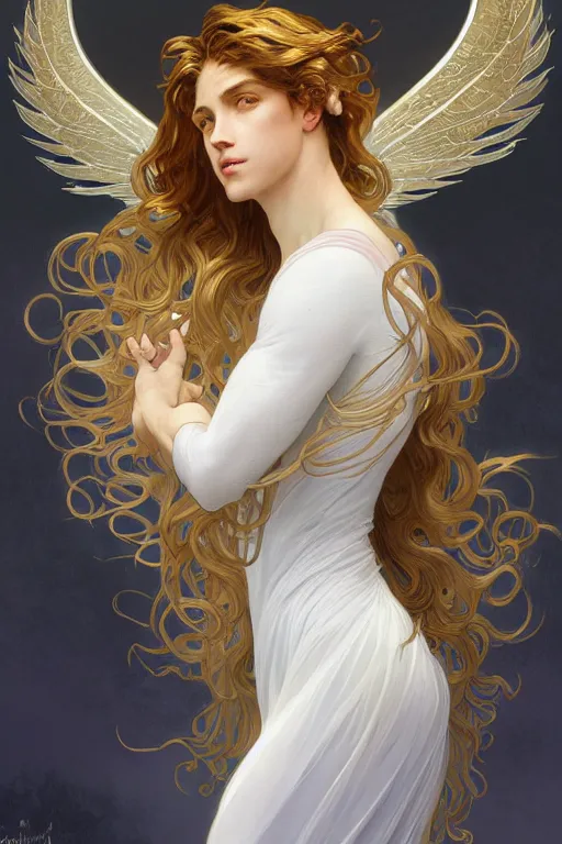 Image similar to portrait of a beautiful young fit male angel with curly blond hairs, dressed with fluent clothes, majestic wings, luminous halo, by greg rutkowski and alphonse mucha, d & d character, gradient white to gold, in front of an iridescent background, highly detailed portrait, digital painting, artstation, concept art, smooth, sharp focus ilustration, artstation hq