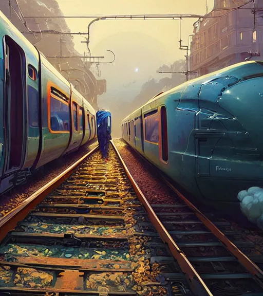 Image similar to highly detailed train in gta v, stephen bliss, unreal engine, fantasy art by greg rutkowski, loish, rhads, ferdinand knab, makoto shinkai and lois van baarle, ilya kuvshinov, rossdraws, tom bagshaw, global illumination, radiant light, detailed and intricate environment