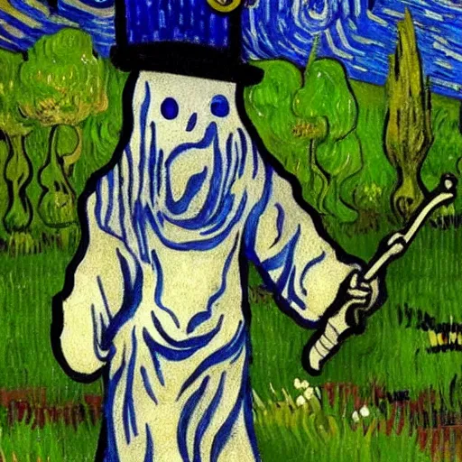 Image similar to ghost wearing a party hat and holding a sword in a japanese garden, van gogh painting,