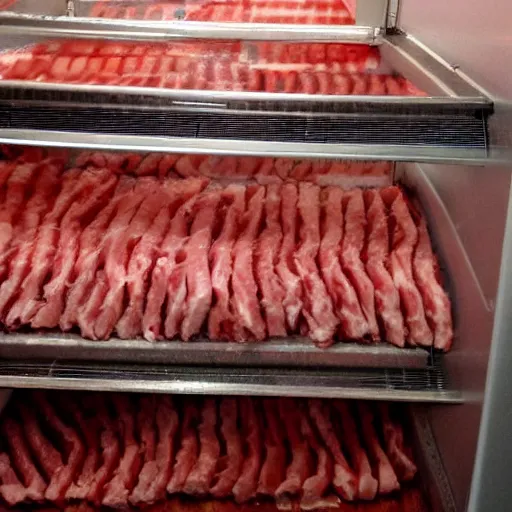 Image similar to where's wally sunset in a butcher shop meat freezer