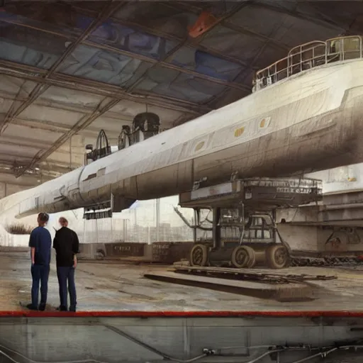 Prompt: two men looking at a Los Angeles-class nuclear attack submarine in an indoor drydock, crane with heavy equipment overhead, highly detailed, artificial lighting, concept art, by artgerm and greg rutkowski and alphonse mucha