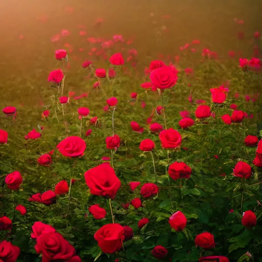 Image similar to photo of a dark tower in the center of a field of roses. golden hour. photorealism. 4 k trends on artstation. photo taken with canon mark 3