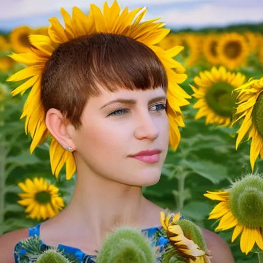 Prompt: highly detailed portrait of a young woman with pixie cut hairstyle in a field of sunflowers, sunny day, HD