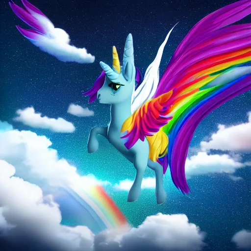 Image similar to Photograph of a Alicorn flying in the sky, white body, rainbow wings, rainbow horn, rainbow mane and tail, trending on artstation, ultrarealistic, 8k