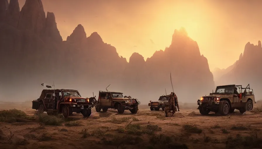 Image similar to Mahindra thar, tribe members attacking, action scene, an epic fantasy, dramatic lighting, cinematic, establishing shot, extremely high detail, photorealistic, cinematic lighting, tending on artstation, solarpunk, matte painting, octane render, by simon stalenhag, horizon forbidden west