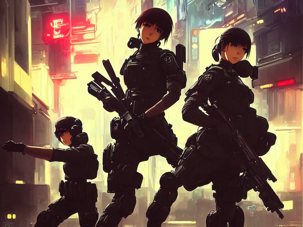 Image similar to anime key visual of a young female swat officer fighting male blood hound, neon, cyberpunk, futuristic, stunning, highly detailed, digital painting, smooth, soft focus, illustration, movie poster, japanese typography, digital art from artstation by artgerm and greg rutkowski and alphonse mucha