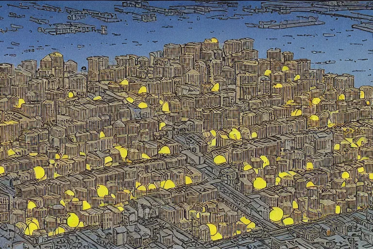 Image similar to a city populated by lemons by moebius