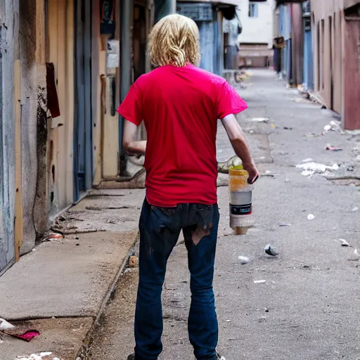 Prompt: A photo of a disheveled man, clean blonde hair, clear eyes, clean shaven, messy, red shirt, crack head, back alley, grungy, scars, trash barrels