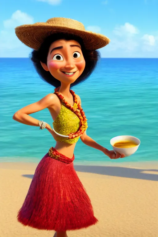 Prompt: portrait of a hula dancer holding a white tea cup with the beach in background, full body. pixar disney 4 k 3 d render funny animation movie oscar winning trending on artstation and behance, ratatouille style