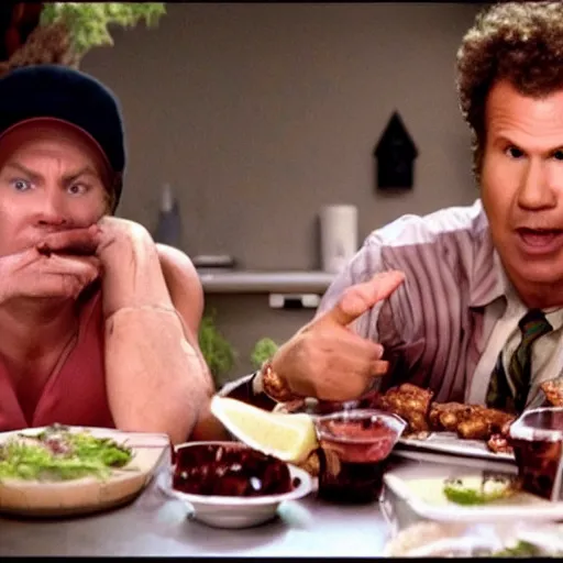 Image similar to scene from a movie that looks like a drama but it's a laugh hard comedy, will ferrell becoming addicted to spicy chicken wings, shot by darren aronofsky, 4 k