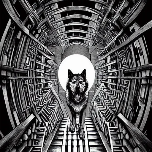 Image similar to a huge howling angry wolf in a huge bright maze of many doorways and lots of stairs, many doorways, inside MC Escher architecture, artstation, Junji Ito, epic composition, detailed background