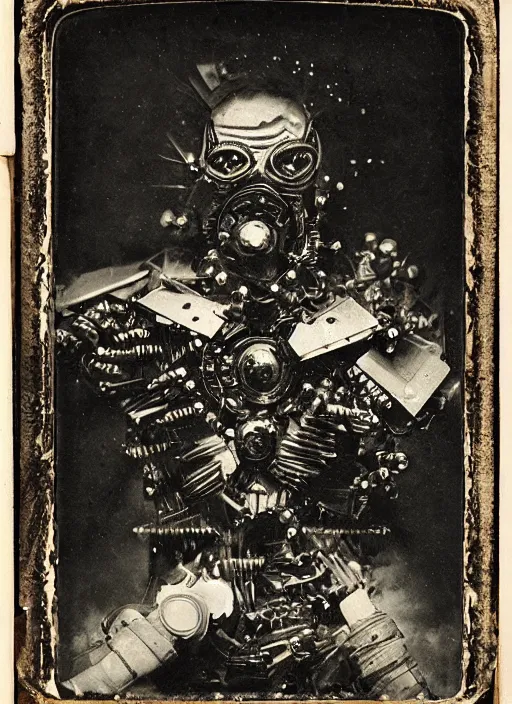 Image similar to old wetplate daguerreotype portrait of the birth of a super masked villain cyborg, explosion of data fragments, fractal, intricate, elegant, highly detailed, parallax, leica, medium format, subsurface scattering, by jheronimus bosch and greg rutkowski and louis jacques mande daguerre