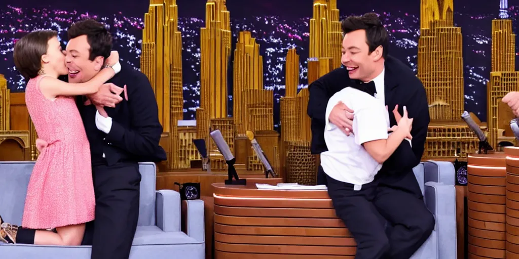 Prompt: Millie Bobby Brown kissing Jimmy Fallon on the tonight show