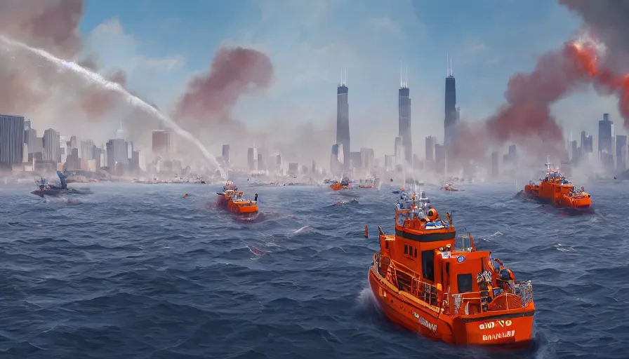 Prompt: lifeboats crossing chicago after devastating tsunami, sunny day, victims, fire, smoke columns, hyperdetailed, artstation, cgsociety, 8 k