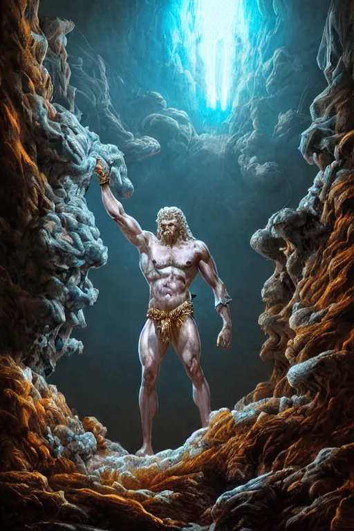 Image similar to hyperrealistic mixed media painting of zeus, full body, stunning 3 d render inspired art by p. craig russell and barry windsor - smith dim volumetric lighting, 8 k octane beautifully detailed render, post - processing, intricate, epic composition, grim yet sparkling atmosphere, cinematic lighting