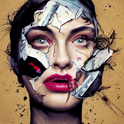 Image similar to a painting of a woman's face with torn-up superhero comics on her face, a surrealist painting, behance contest winner, pop surrealism, surrealist, detailed painting, poster art