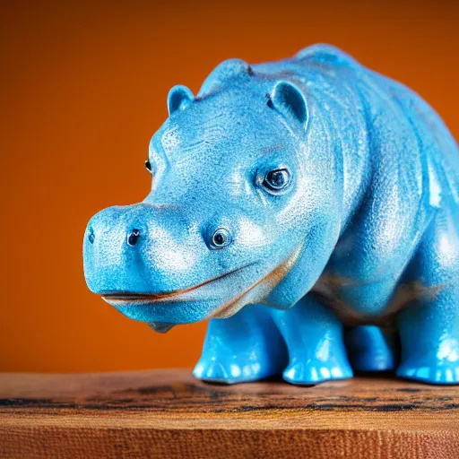 Image similar to small hippopotamus sculpture on a desk half wood and half blue epoxy sculpture, mix, decorative small, 3 5 mm macro photography, studio