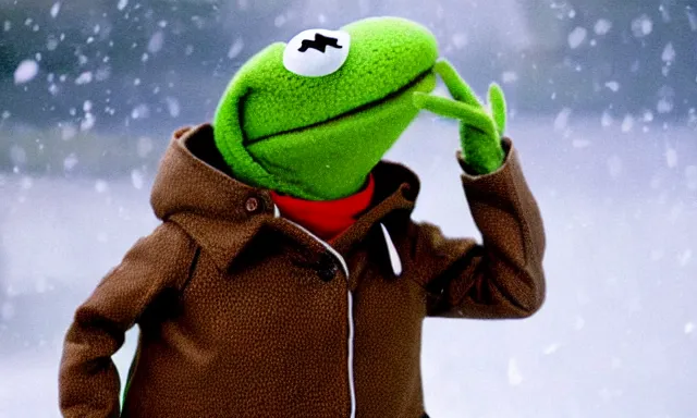 Image similar to kermit the frog as a weather reporter in a snow storm from new york he is wearing a brown parka, television static, 90s television