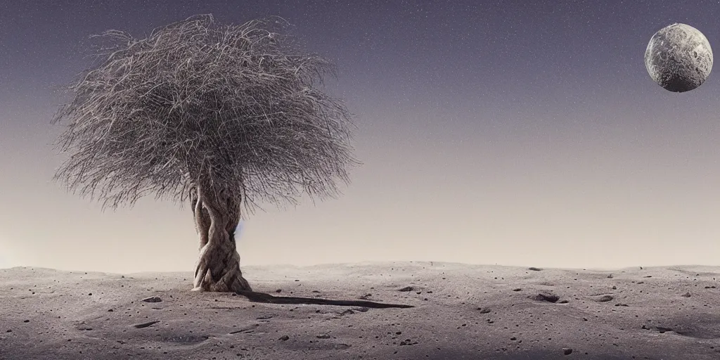 Prompt: a willow tree growing on the moon, award winning photograph, cinematic lighting, detailed oil painting, hyperrealistic, 8k