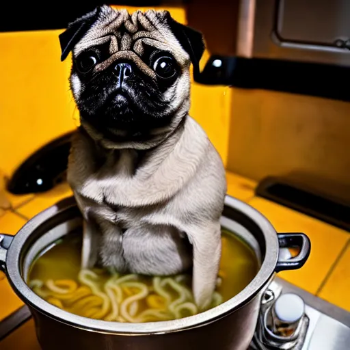 Image similar to An adorable pug sitting in a pot of ramen noodle soup atop a stove, high resolution photograph