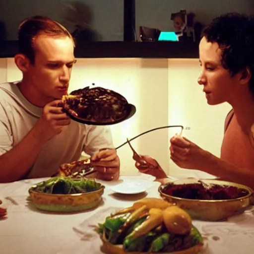 Prompt: photo, an alien and human eating dinner in the room.