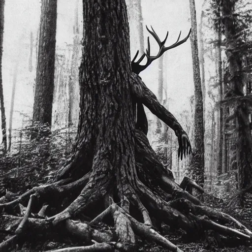 Prompt: old photo of a Leshen amongst the trees