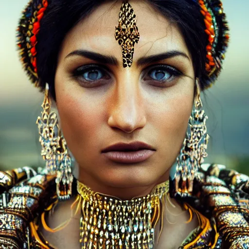 Image similar to portrait of a stunningly beautiful persian tribal female, depth of field, zeiss lens, detailed, symmetrical, centered, fashion photoshoot, by Annie Leibovitz and Steve McCurry, David Lazar, Jimmy Nelsson, Breathtaking, 8k resolution, extremely detailed, beautiful, establishing shot, artistic, hyperrealistic, beautiful face, octane render