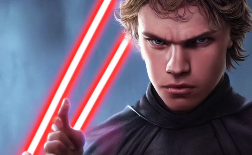 Prompt: a portrait of anakin skywalker looking angrily into the camera wielding a red lightsaber, detailed, cinematic, raytracing, realistic, detailed, cinematic, raytracing, realistic