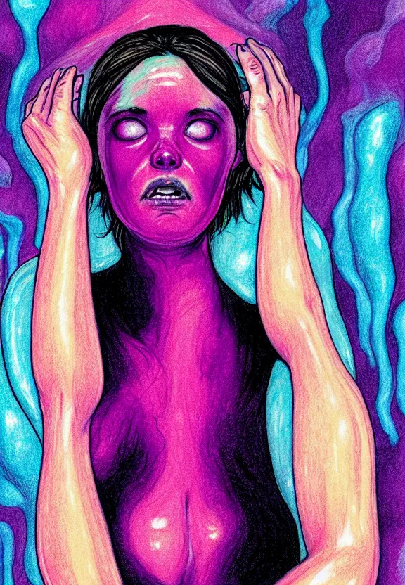 Prompt: bemused to be soon enveloped by a flesh-eating blob creature, hands restrained above her head, Selena Kyle in a black silk tank top in a full frame close-up up of her face and neck in complete focus, looking upwards in a room of lava lamps, complex artistic color ink pen sketch illustration, professional composition, subtle detailing, gentle shadowing, fully immersive reflections in her eyes, concept art by Artgerm and Range Murata in collaboration.