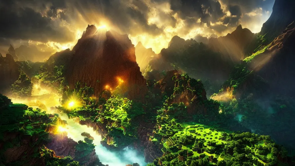 Prompt: amazing landscape photo of minecraft by marc adamus, beautiful dramatic lighting