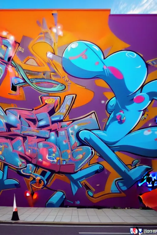 Image similar to epic graffiti mural, colorful and dynamic in the style of Hownosm and James Jean, ultimate collab, epic, unreal engine 5, coming to life popping out of the wall 3d,