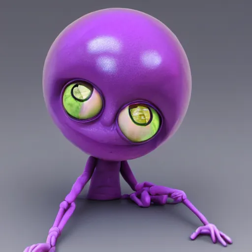 Image similar to photo of a comically tiny clay model of character with large spherical purple head and large childlike eyes with comically tiny body and spindly limbs leans close to the camera, fish eye lens, 4 k, hyper realistic, hyper detailed face, octane render, comedic, cute