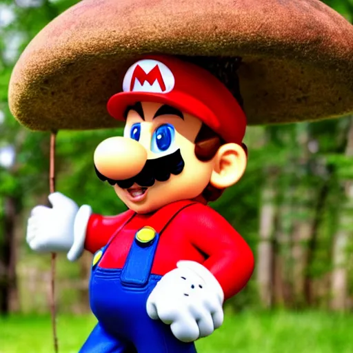 Prompt: photo of real life mario finding a giant mushroom, exhilarated, portrait, closeup. mouth open, 30mm, bokeh