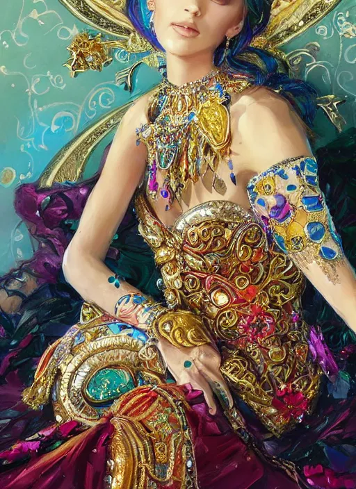 Prompt: a woman in an elaborate and ornate dress lying down on a background of colorful jewels. beautiful highly detailed face. painting by artgerm and greg rutkowski and raymond swanland.