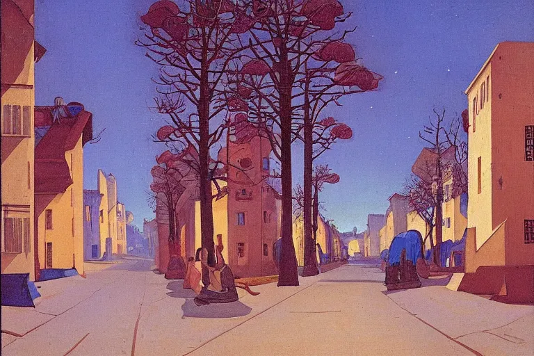 Image similar to tree-lined street at midnight in a very old very beautiful city by Nicholas Roerich and Rudolf Ernst, colorful tiled architecture, strong dramatic cinematic lighting, lost civilizations, smooth, sharp focus, extremely detailed