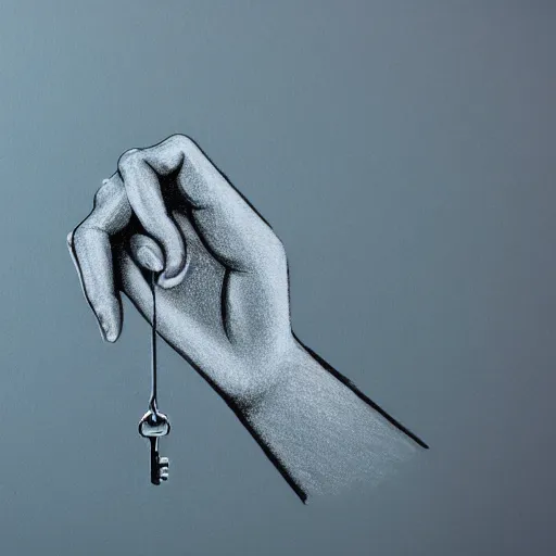 Prompt: an open hand, a key, a simple drawing, white background