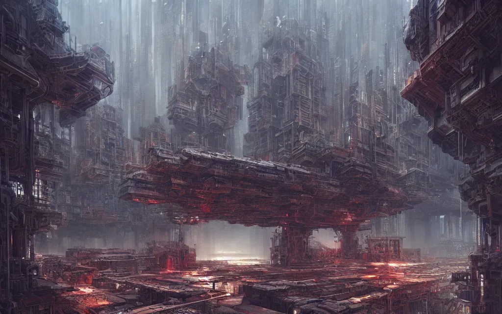 Image similar to gigantic mechanic megastructure, warhammer, cyberpunk, intricate, elegant, highly detailed, digital painting, artstation, concept art, smooth, sharp focus, octane render, dramatic lighting, volumetric lighting, cinematic lighting, art by zdislav beksinski and wayne barlowe