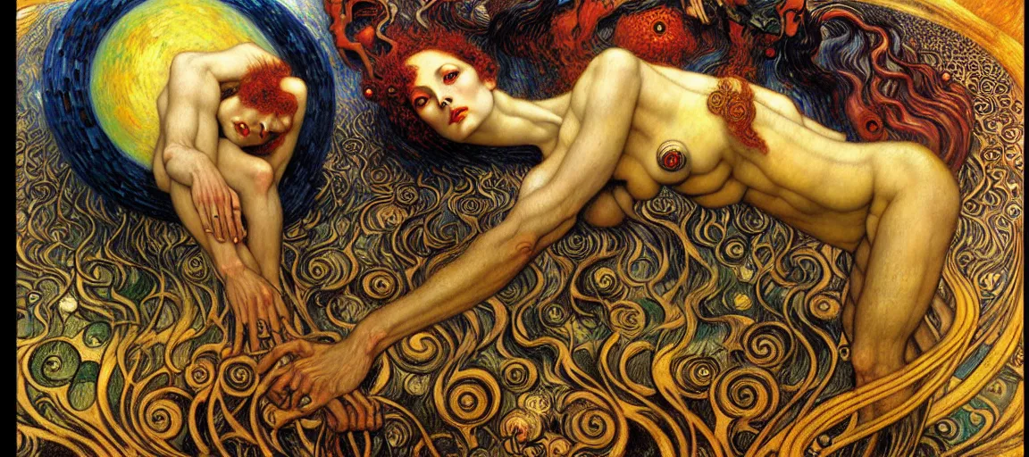 Image similar to Divine Chaos Engine by Karol Bak, Jean Delville, William Blake, Gustav Klimt, and Vincent Van Gogh, symbolist, visionary