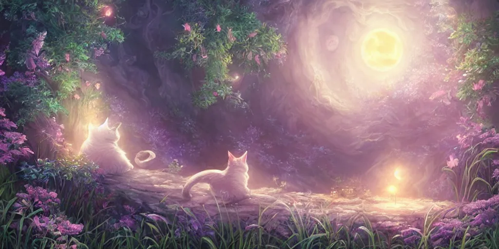 Prompt: final fantasy key visual of a cat, meditating in a magical fantasy garden at night, moonlight, fireflies glowing, lofi feel, magical, highly detailed, digital art, artstation, smooth, hard focus, illustration, art by artgerm - in the style of final fantasy and studio ghibli