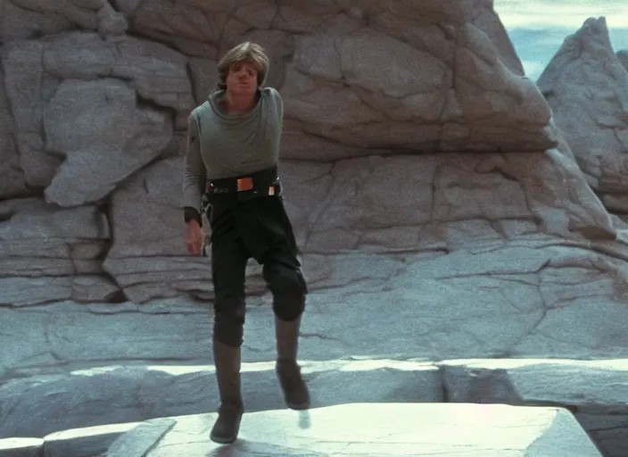 Prompt: epic screenshot from the film of Luke Skywalker, played by Mark Hammill, levitating rocks mid-air, outside marble, iconic scene from the force awakens, 1980s film directed by Stanley Kubrick, cinematic lighting, kodak, strange, hyper real, stunning moody cinematography, with anamorphic lenses, crisp, detailed portrait, 4k image