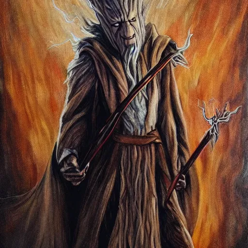 Image similar to gandalf as groot, painting