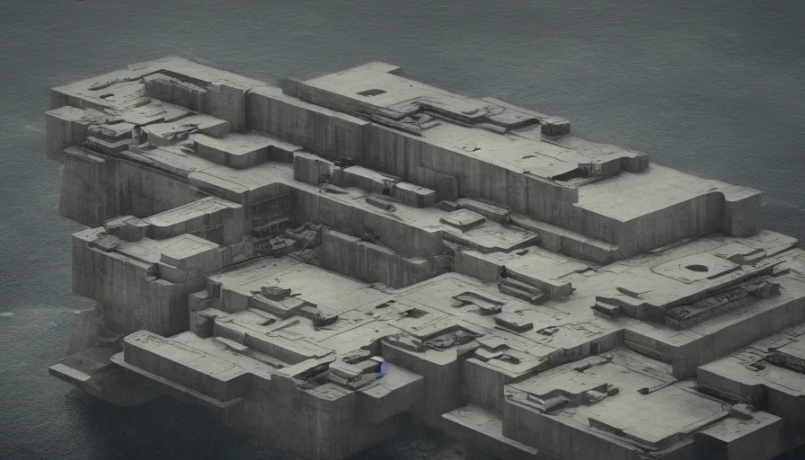Prompt: big brutalist military base on cliffs, drawing architecture, island, very long shot, top angle, pritzker architecture prize, science fiction, control the game, brutalism, earthbound, jan urschel, very detailed